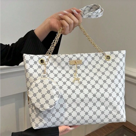 ⚠️Clearance Chain Shoulder Tote Bag Elegant White Patterned Bag with Gold Chain - Picture 3 of 11